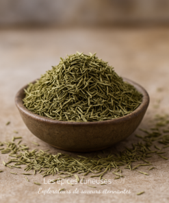 Bol en terre cuite rempli d'herbes séchées vertes sur une surface en bois. Assaisonnement aromatique.