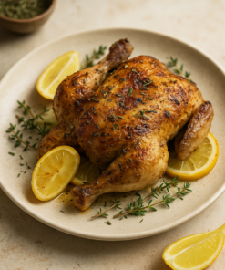 Poulet rôti doré avec herbes et rondelles de citron, servi sur une assiette blanche. Saveurs gourmandes et appétissantes.