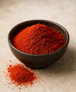 Bol de paprika en poudre rouge sur une surface beige, épice aromatique pour la cuisine.