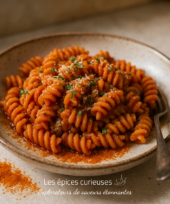 Assiette de pâtes fusilli à la sauce tomate, garnie de fromage et de persil.
