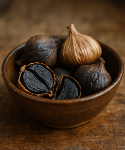 Bol en bois rempli d'ail noir fermenté entier et coupé, sur une table rustique en bois.