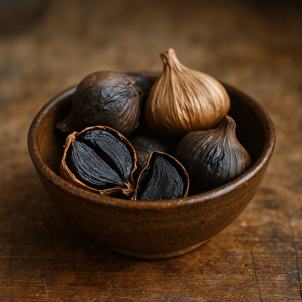 Ail Noir en Gousse – Trésor Umami Bol en bois rempli d'ail noir fermenté entier et coupé, sur une table rustique en bois.
