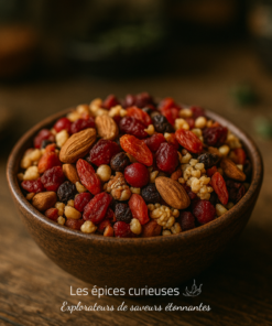 Bol de fruits secs et de noix, mélange croquant et coloré sur fond en bois rustique.