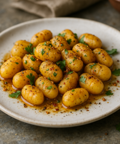 Gnocchis dorés au beurre ailé et persil, servis sur une assiette blanche pour un délice culinaire savoureux.