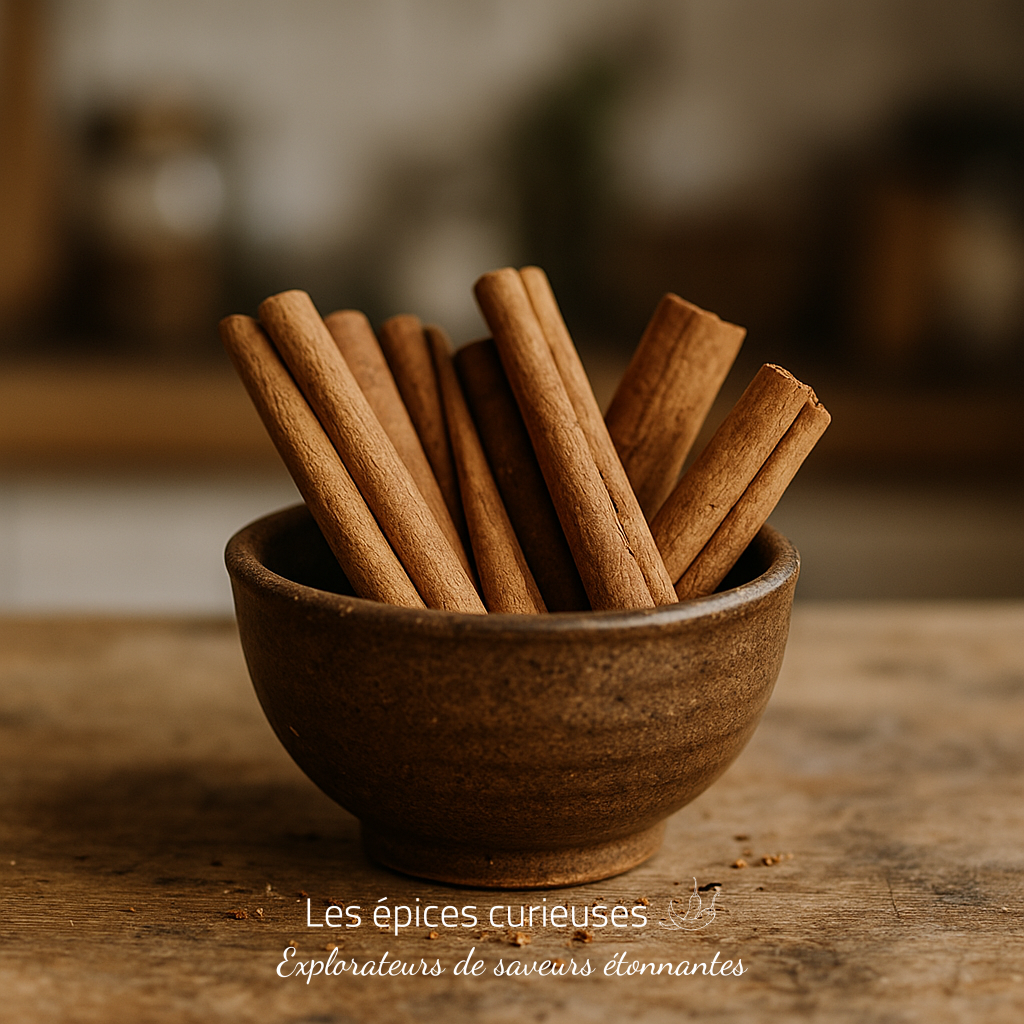 Bâtons de Cannelle de Ceylan – Douceur Royale Bol en bois rempli de bâtons de cannelle sur une table en bois, ambiance chaleureuse et rustique.