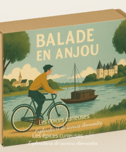 Boîte cadeau Balade en Anjou avec illustration d'un cycliste près d'une rivière et d'un château.