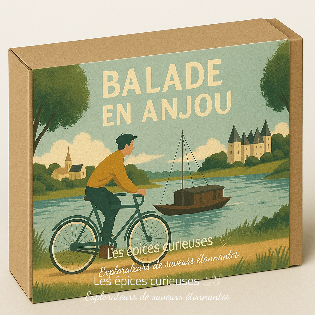 Coffret “Balade en Anjou” Boîte cadeau Balade en Anjou avec illustration d'un cycliste près d'une rivière et d'un château.