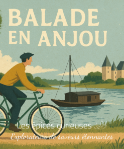 Cycliste profitant d'une balade en Anjou, près d'un château et d'un bateau sur la rivière. Scène rétro-pittoresque.