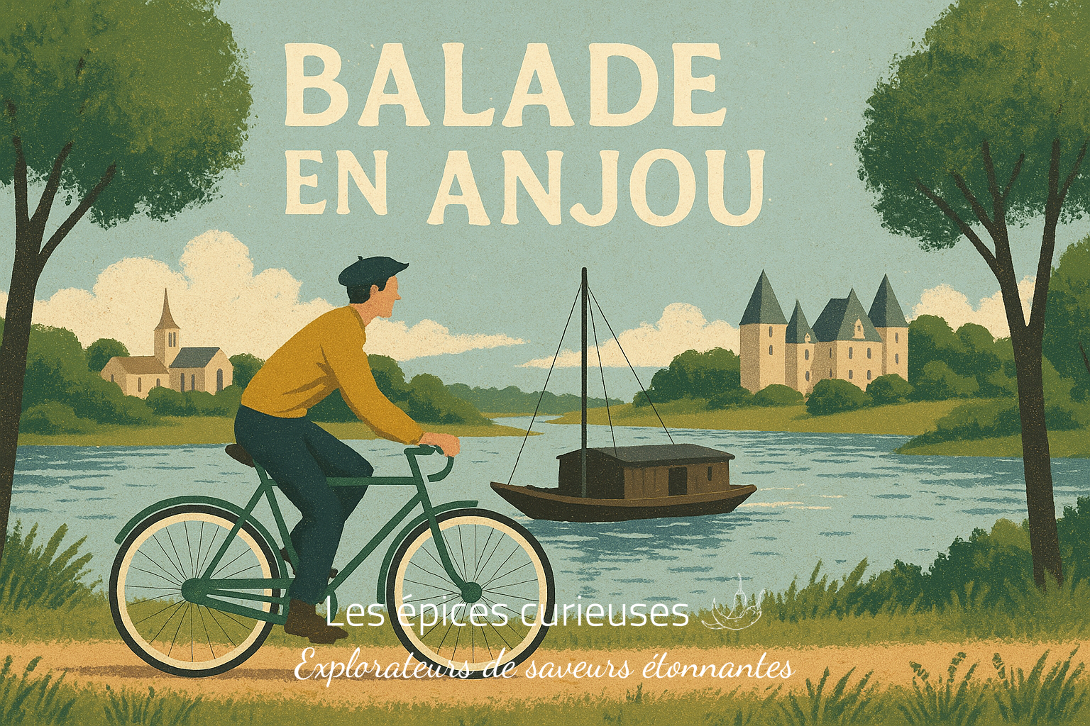 Coffret Balade en anjou Cycliste profitant d'une balade en Anjou, près d'un château et d'un bateau sur la rivière. Scène rétro-pittoresque.