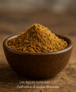 Bol de poudre de cannelle bio posé sur une table en bois rustique pour cuisine et recettes saines.