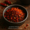 Bol de poudre de piment épicée et moulue, avec des piments rouges en arrière-plan sur une table en bois.