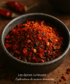 Bol de poudre de piment épicée et moulue, avec des piments rouges en arrière-plan sur une table en bois.
