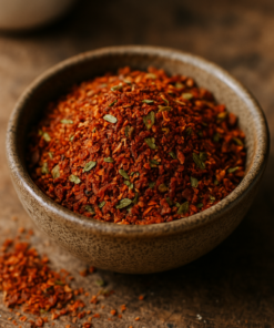 Bol de mélange d'épices rouges et vertes sur une table en bois, idéal pour rehausser les saveurs de vos plats.