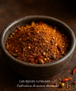 Bol de mélange d'épices chaudes et aromatiques sur une surface texturée brune.