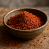 Bol de piment rouge moulu épicé sur table en bois, parfait pour assaisonner vos plats.