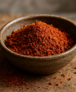 Bol de piment rouge moulu épicé sur table en bois, parfait pour assaisonner vos plats.