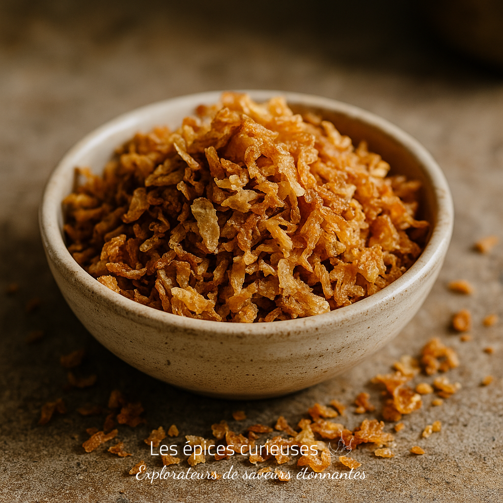 Oignons Frits – sans huile de palme Bol de petits oignons frits dorés, croustillants sur une table en bois, ajout savoureux pour plats et salades.