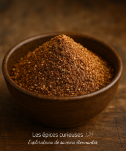 Bol en bois rempli de zeste d'épices marron sur une table en bois rustique, vue de près.