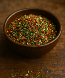 Bol d'assaisonnement aux herbes et épices colorées sur une table en bois rustique.