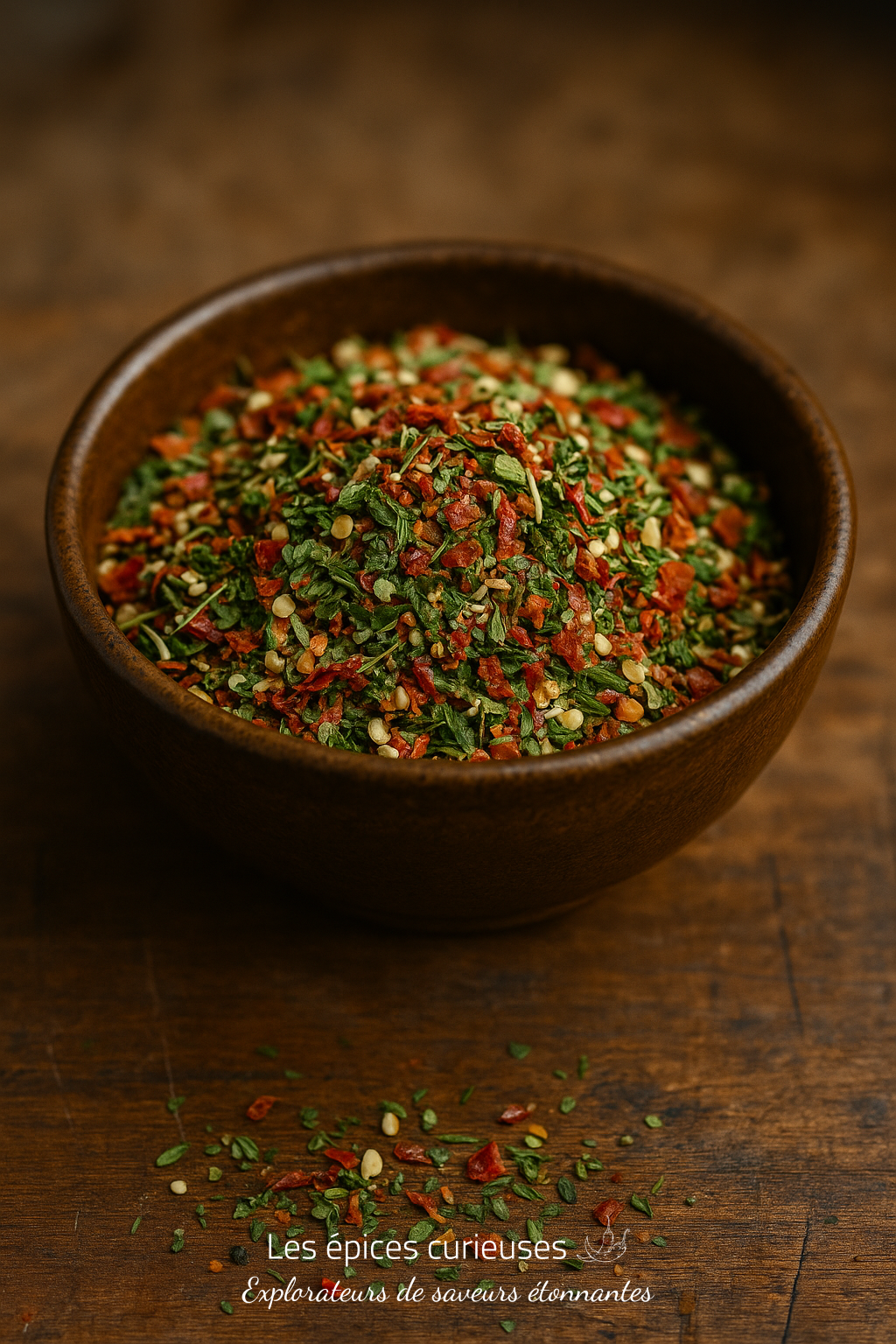 Assemblage du Fromager – Méditerranée Aromatique Bol d'assaisonnement aux herbes et épices colorées sur une table en bois rustique.