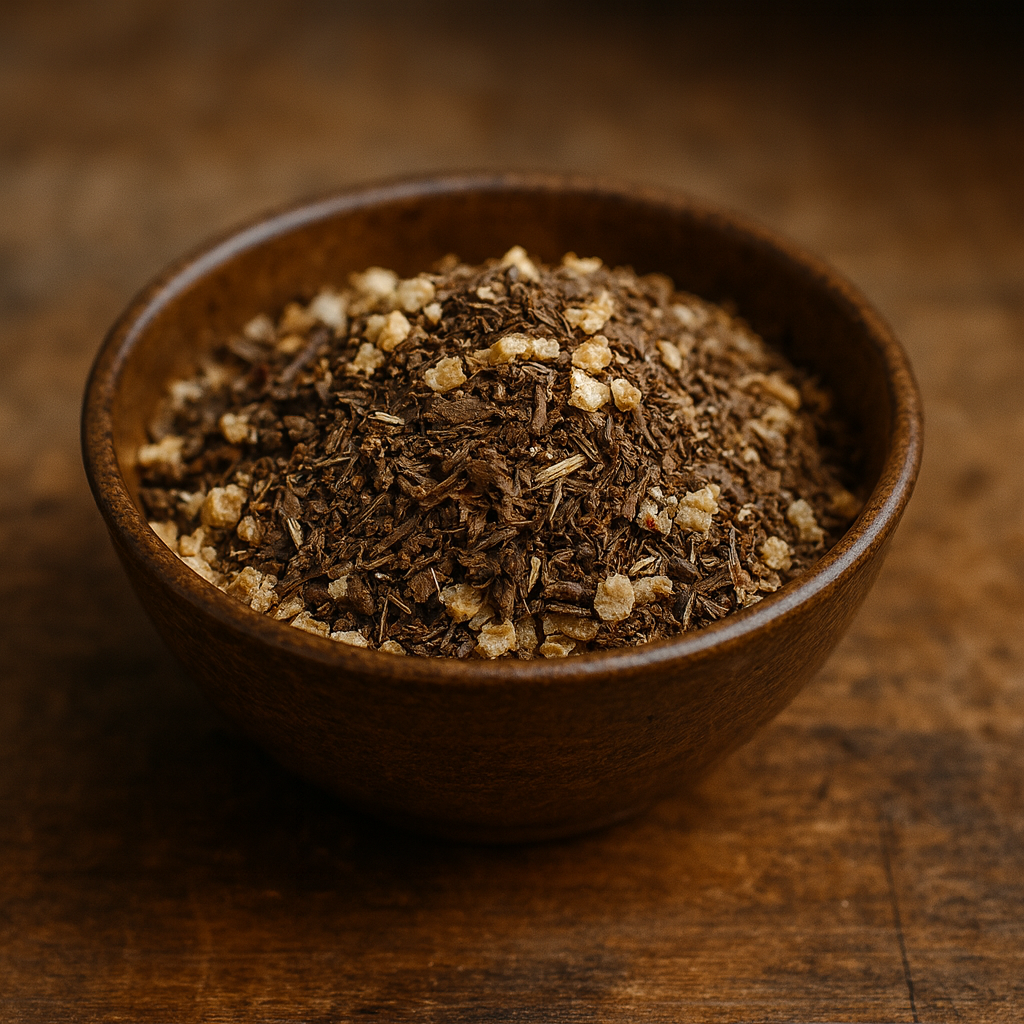 Cannelle Vanille Tonka – Douceur Enveloppante Bol de feuilles de tabac et copeaux naturels sur une table en bois, présentation naturelle et rustique.