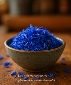 Bol en céramique rempli de fleurs de bleuet séchées sur une table en bois. Idéal pour la décoration ou l'infusion.