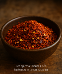 Bol en bois rempli de flocons de piment rouge épicé sur une table en bois rustique.