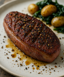 Magret de canard grillé avec pommes de terre et épinards, assaisonné de poivre et sauce. Plat gourmand et élégant.