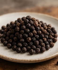 Assiette de grains de poivre noir entiers, épice essentielle pour relever saveurs et arômes des plats cuisinés.