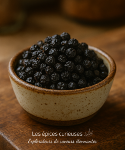 Bol de grains de poivre noir épicés sur une table en bois, idéal pour rehausser les saveurs culinaires.