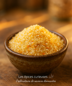 Bol en céramique rempli de semoule de maïs dorée sur une table en bois rustique.