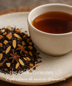 Tasse de thé noir avec mélange d'épices, amandes et anis étoilé, sur une assiette en céramique blanche.
