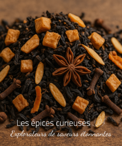 Mélange d'épices : anis étoilé, clous de girofle et fruits secs sur fond de bois, pour infusion ou cuisine.