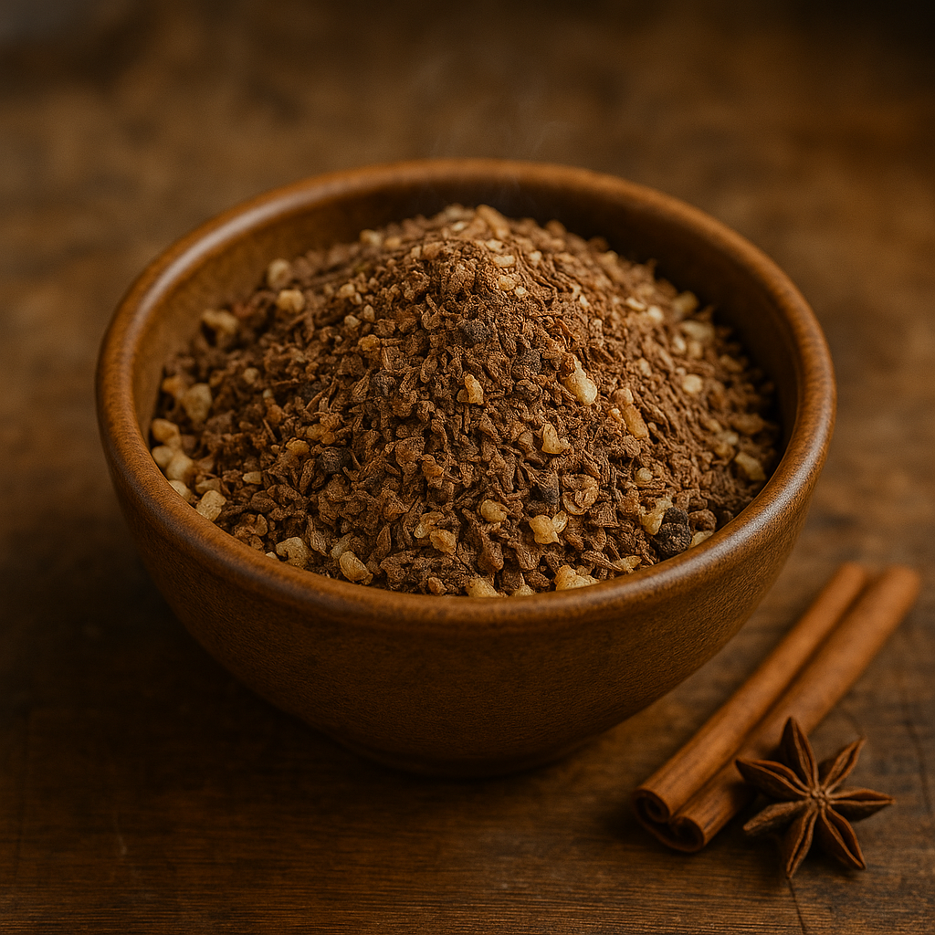 Vin Chaud Magique – Épices & Agrumes Bol de granola épicé avec bâtons de cannelle et badiane sur fond en bois. Idéal pour un petit déjeuner savoureux.