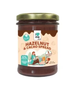 Pâte à tartiner bio aux noisettes et cacao, 57% noisettes, ingrédients sains, pot en verre de 200g.