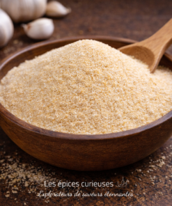 Bol en bois rempli de poudre d'ail sur une table, avec des gousses d'ail en arrière-plan.