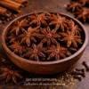 Bol en bois rempli de badiane étoilée sur fond rustique, épices aromatiques utilisées en cuisine et pâtisserie.