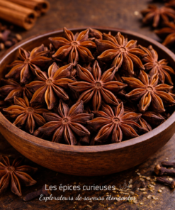 Bol en bois rempli de badiane étoilée sur fond rustique, épices aromatiques utilisées en cuisine et pâtisserie.