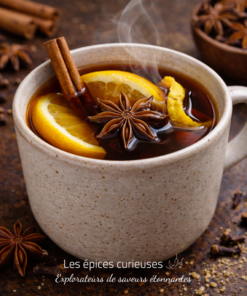 Tisane chaude aux épices avec tranches d'orange, anis étoilé et bâtons de cannelle dans une tasse en céramique.