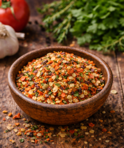 Mélange d'épices colorées dans un bol en terre cuite sur table en bois avec tomates, ail et herbes en arrière-plan.
