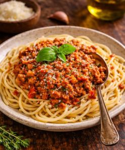Assiette de spaghetti bolognaise garnie de basilic frais sur une table en bois, servie avec une cuillère vintage.