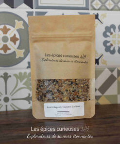 Mélange d’épices Les épices curieuses sur fond de carreaux colorés. Explorateurs de saveurs étonnantes.