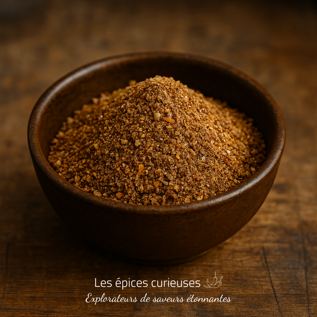 Assemblage Foie Gras – Finesse Épicée & Notes Gourmandes Bol de mélange d'épices moulues sur une table en bois, prêt pour la cuisine gourmande.