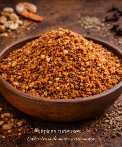 Bol d'épices exotiques Les épices curieuses avec ingrédients variés en arrière-plan. Saveurs uniques assurées.