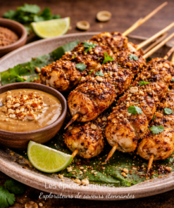 Brochettes de poulet épicées avec sauce aux cacahuètes, lime et coriandre. Découvrez des saveurs exotiques et savoureuses.
