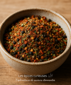 Bol de mélange d'épices colorées sur une table en bois, apportant saveur et arôme à vos plats préférés.