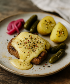 Plat de raclette avec fromage fondu sur viande, pommes de terre, cornichons et oignons marinés.