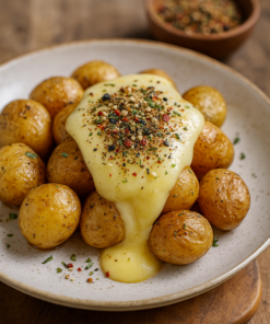 Pommes de terre rôties nappées de fromage fondu et assaisonnées d'herbes et d'épices, servies sur une assiette blanche.
