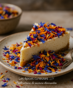 Part de cheesecake crémeux garnie de pétales colorés, servie sur une assiette beige avec une fourchette.