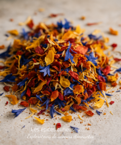 Mélange coloré de pétales de fleurs séchées sur fond clair, idéal pour infusions et décorations culinaires.